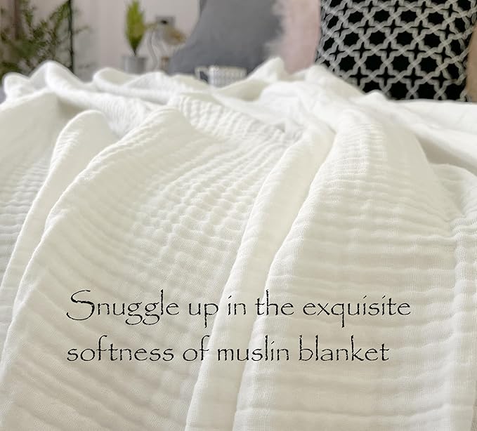 KyraHome 100% Cotton Muslin Blankets for Adults, Couch, 50"x60", Pre-Washed Plant Dyed, Breathable Lightweight Gauze Summer Throw Blanket, All Season (White)