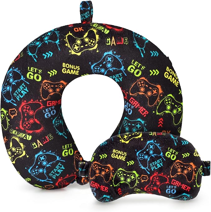 Gilprop 2 Pcs Gaming Travel Pillow with Sleep Eye Mask, U Shaped Memory Foam Headrest & Neck Pillow with Washable Cover, Soft Neck Head Support Travel Accessories for Airplane Car Train Bus Trips