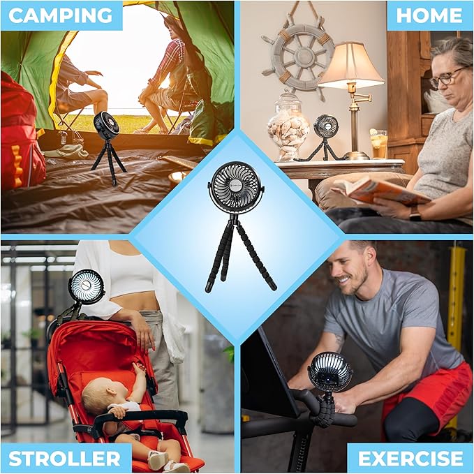 Comfort Zone Portable Stroller Fan – Rechargeable Battery Operated Clip-On Fan with 360° Flexible Tripod & LED Light – 3-Speed Cooling for Car Seats, Cribs, Treadmills & Travel – Black