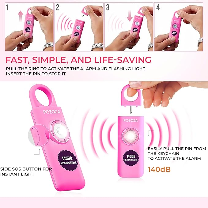 140dB Loudest USB-C Rechargeable Personal Alarm Keychain for Women – Low Battery Indicator, Strobe Light & Panic Button for Self Defense Weapons, Seniors & Travel Safety Essentials (Pink)