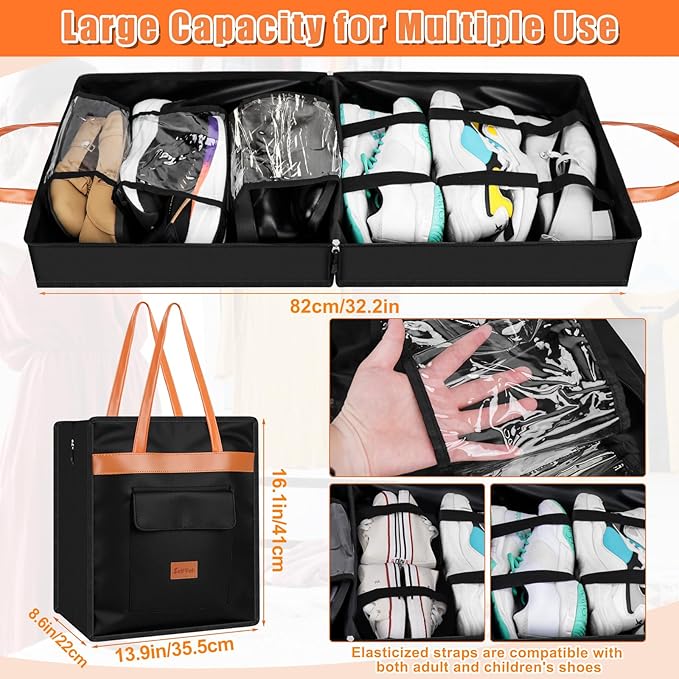 SelfTek Shoe Bags for Travel with Handle, Waterproof Large-Capacity Family Travel Shoe Bag Organizer for Multiple Shoes, Shoe Travel Bags for Packing, Suitable for Luggage Handle (Black)
