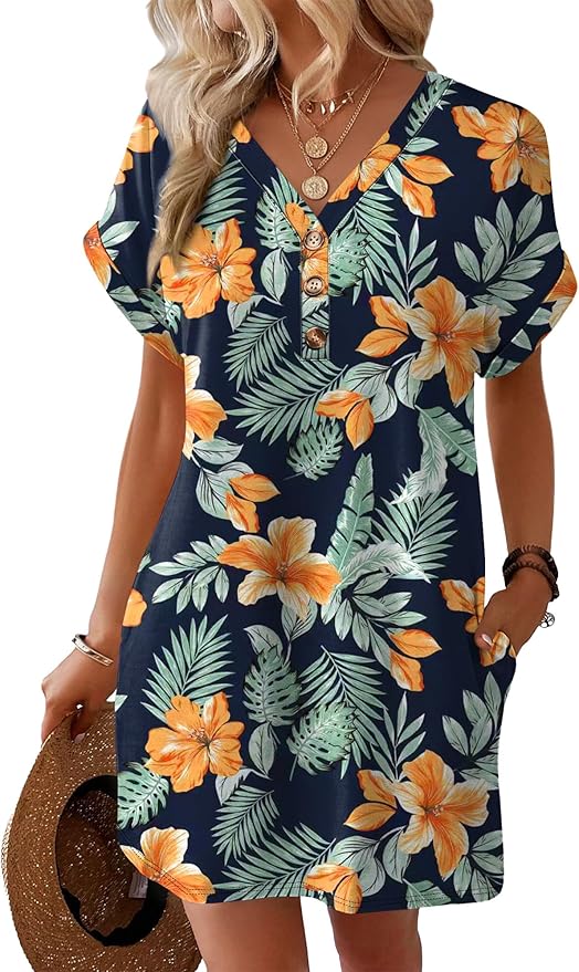 WIHOLL Summer Dresses for Women with Sleeves Midi Dress Button Down Beach Vacation Casual Dresses Fashion Clothing
