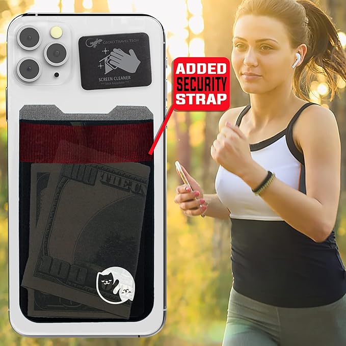 Phone Wallet - Adhesive Card Holder - Cell Phone Pouch - Stick on Lycra Pocket by Gecko - Carry Credit Cards and Cash