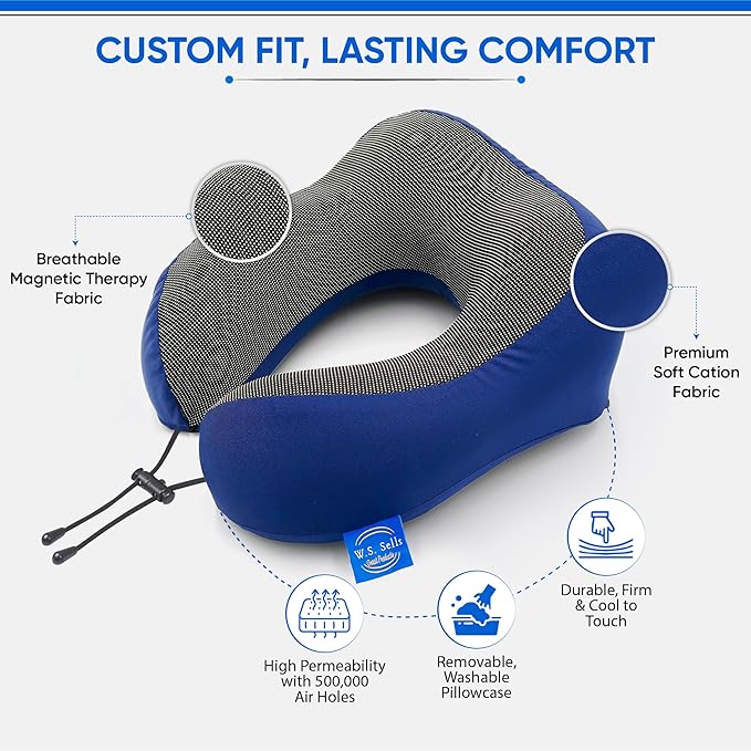 W.S. Sells Travel Neck Pillows for Airplanes - Pure Memory Foam with Ergonomic Design & Breathable Fabric - Travel Pillows for Airplanes & Cars - Set of Travel Essentials with Sleep Mask & Ear Plugs