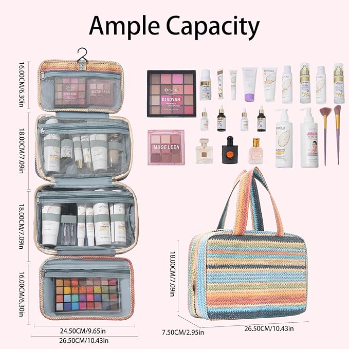 Toiletry Bag with Hanging Hook Straw Rainbow Stripes Cosmetic Bag Water-resistant Travel Bag Preppy Makeup Bag for Store Toiletries Cosmetic Accessories and Sets for Women Blue