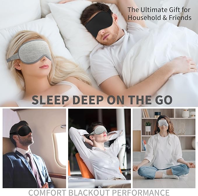 3D Sleep Mask for Men Women 2 Pack, Blackout Eye Mask for Sleeping Eye Mask for Side Sleeper, Memory Foam Adjustable&Washable, Airplane Travel Essentials Couples Yoga Meditation Office Black & Gray