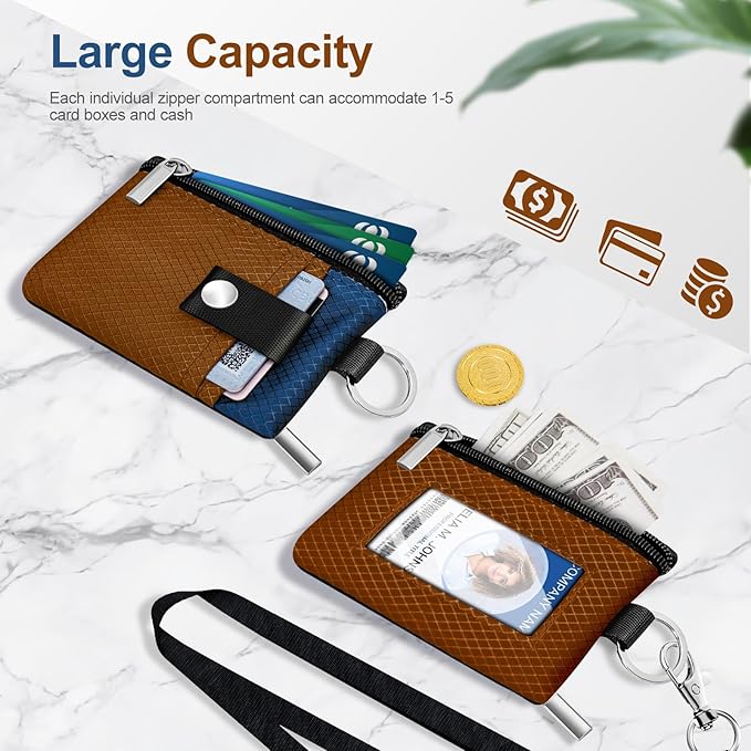 Minimalist RFID Blocking Small Wallet with ID Window,WaterResistant Zip Id Case Wallet with Lanyard Keychain for Cards,Cash,Travel,Women,Men (Brown/Electric Blue)