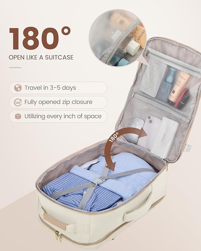LOVEVOOK Travel Backpack for Women & Men 50L,Airline Approved Carry On Backpack Travel Essential,TSA Carry on Luggage,Waterproof Personal Item Travel Bag,Suitcase with 3 Packing Cube,Beige-Flesh beige