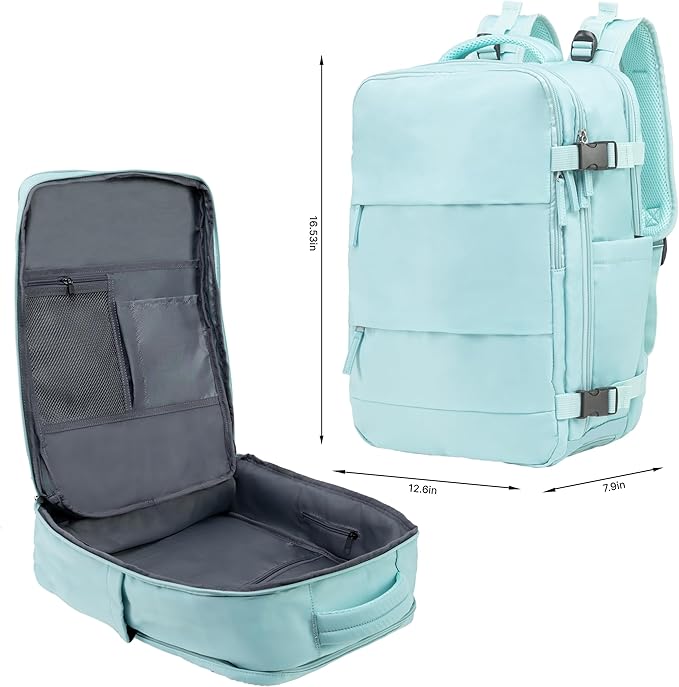 Carrywell (Not Made In China) Travel Backpack Airline Approved, Carry-On Underseat, Holds 15.6 or 16 Inch Laptop, Personal Item Bag with Shoe Compartment For Men Women, Mint 30l