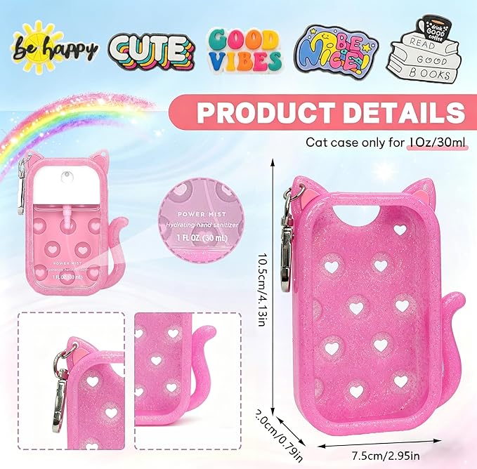 Cat Silicone Case for Touchland Hand Sanitizer Spray, Hand Sanitizer Holder Keychain with 4 Cute Charms for Touch Land Mist 1FL. OZ