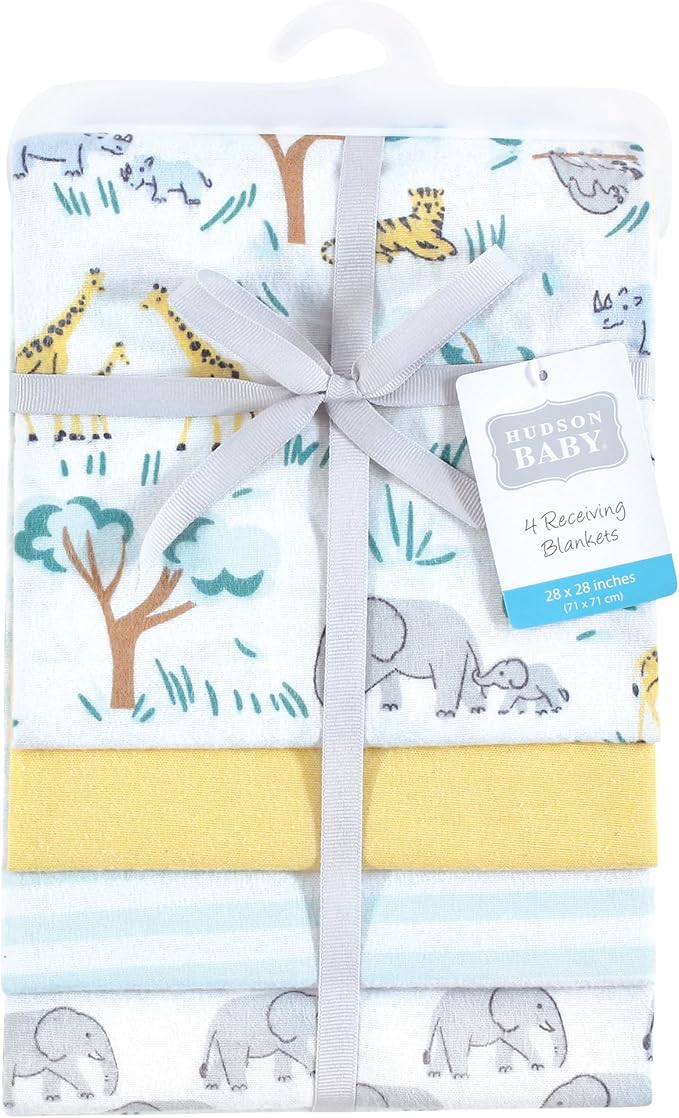 Hudson Baby Unisex Baby Cotton Rich Flannel Receiving Blankets 4-Pack, Safari Friends, One Size