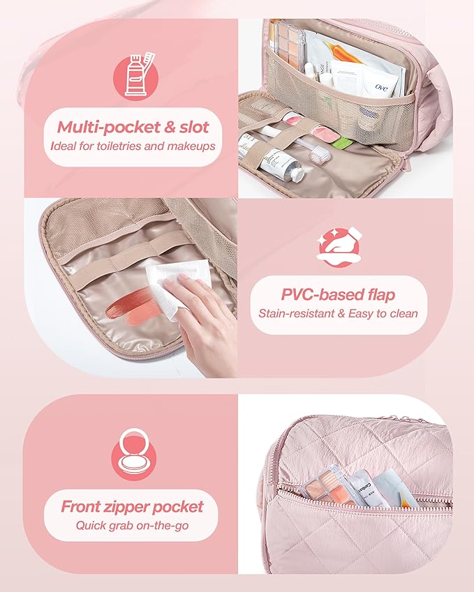 Marscamd Travel Toiletry Bag for Women, Water Resistant Makeup Organizer with Wide-Open Design for Toiletries and Cosmetics, Pink (Bag Only)