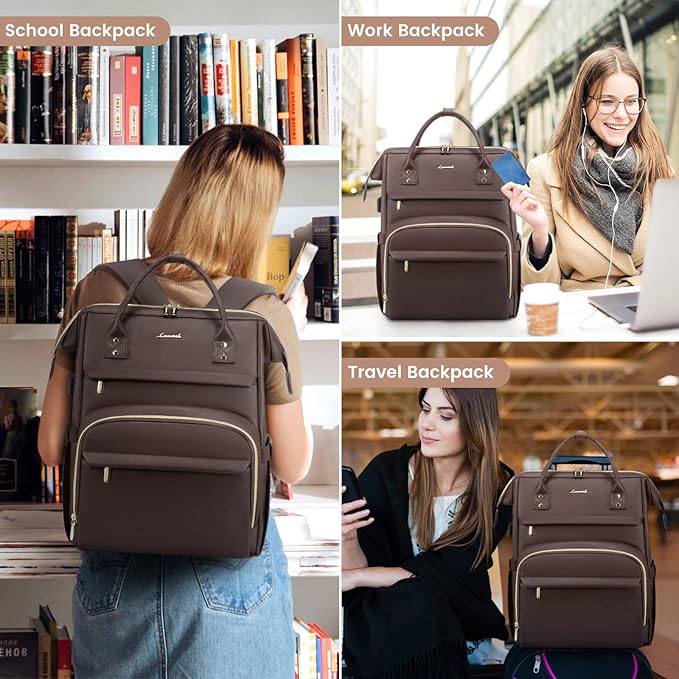 LOVEVOOK Leather Laptop Backpack for Women 17 inch, Travel Backpack Purse Nurse Teacher Computer Laptop Bag, Professional College Business Work Bags Carry On with USB Port, Coffee