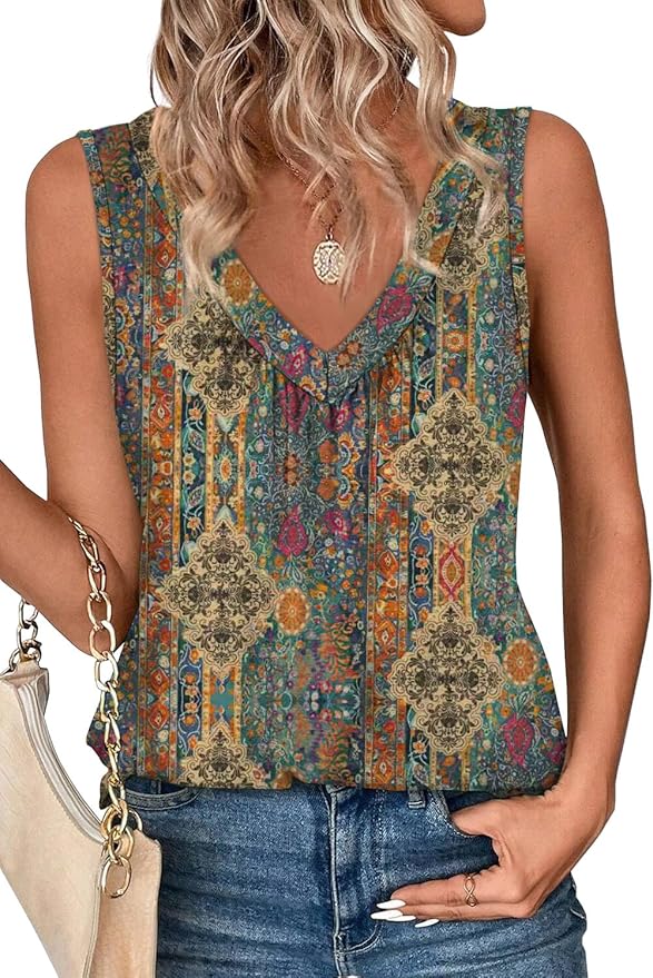 OFEEFAN Tank Top for Women Loose Fit Sleeveless Shirts V Neck Summer Clothes Ruched Women's Tees and Tanks Curved Hem