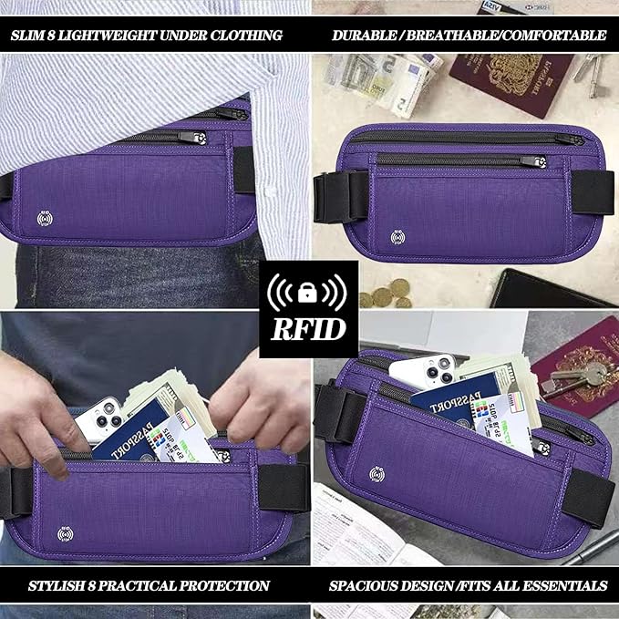 Purple Hidden Money Belt for Travel for Men, Waist Wallet Anti Theft, RFID Passport Holder For Travel Men Or Women, Money Pouch, RFID Passport Holder