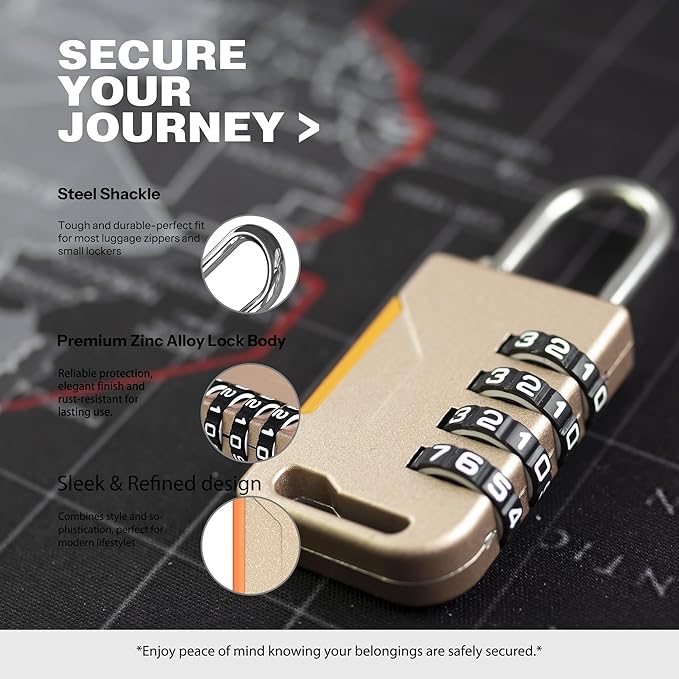 Combination Lock for Locker, Combo Gym Lock, Travel Luggage Small Padlock with Code, 4 Digit Combination Padlocks for Gym Locker, Cabinet, Storage Unit, Suitcase, Outdoor Fence (Gold)