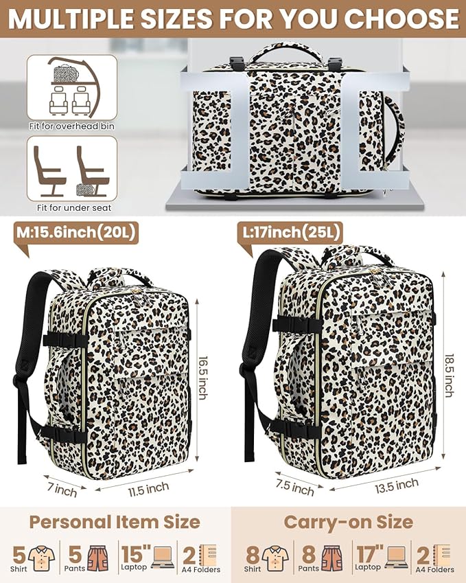 Pritent Travel Backpack for Women Man, Waterproof Personal Item Travel Bag Airline Approved Laptop Backpack Bookbag Weekender bags for Business,Travel, Work Fits 15.6 inch Laptop(Medium,Leopard)