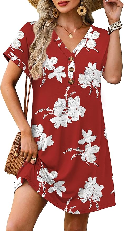 WIHOLL Summer Dresses for Women with Sleeves Midi Dress Button Down Beach Vacation Casual Dresses Fashion Clothing