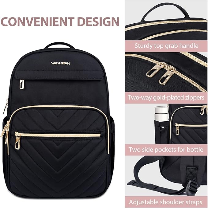 VANKEAN Laptop Backpack for Women, Laptop Computer Bag Travel Backpack Purse,Waterproof Work Business Backpack College Teacher Bags, Black