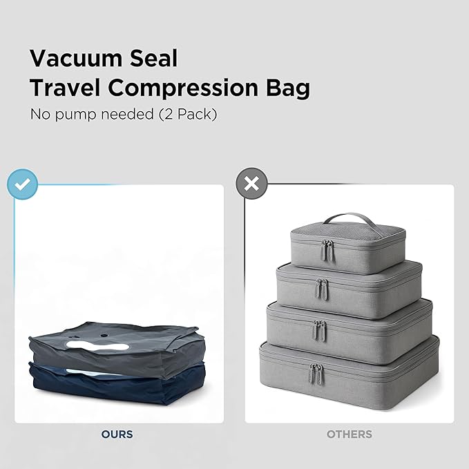 Vacuum Seal Bag for Clothing Travel - TSA Compliant Airless PacPro 48L, Carry-On Compression Packing Cube for Luggage and Backpacks, Pump-free Air Valve (Large, Blue)