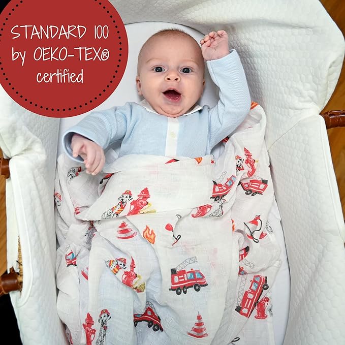 LollyBanks Muslin Swaddle Blanket, 100% Muslin Cotton Swaddle Blankets for Baby Boys, 47 X 47 Inches Soft and Cozy Blankets for Newborn Baby, Newborn Essential, Registry (Fireman Dog Print)