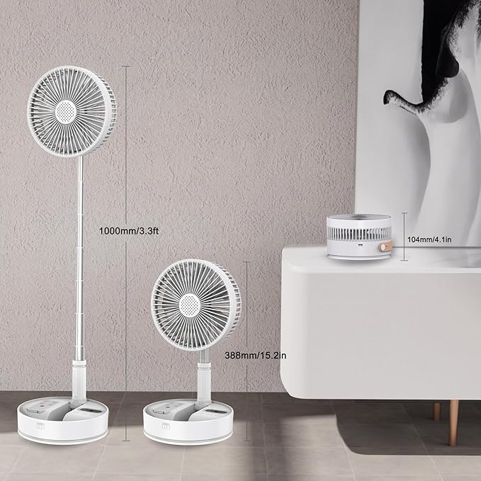 Foldable Fan - Foldaway Portable fans- Remote Control Hand Strap - LED Lighting - 7200mAh Battery Operated Portable Standing Fan, 4 Speed, Timer for Camping Travel , Outdoor, Home (White)