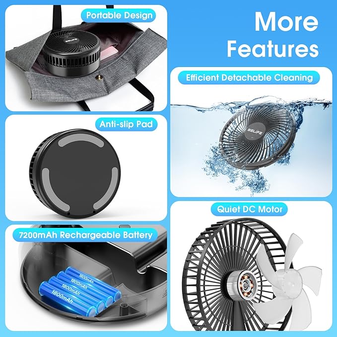 Belife X8-Lite Portable Fan, 7200mAh Battery Powered Rechargeable,USB Desk Floor Fan with Remote, Foldable Telescopic Fan for Home Bedroom Sleeping Office Camping Travel, 7.7" (Non-Oscillating, Black)