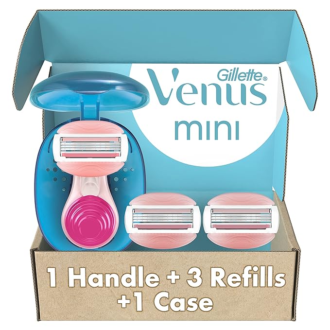 Gillette Venus Mini On The Go Women's Razor Handle with 3 ComfortGlide White Tea Scent Blade Refills + 1 Travel Case