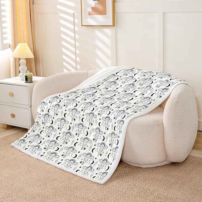 Western Cowboy Kids Throw Blanket,Cow Skull Cactus Tropical Plants Bed Blanket for Girls Boys Adults,Rainbow Moon Starry Sky Fleece Blanket,Rustic Chic Fuzzy Blanket,Queen Size (90 x 90 Inches)