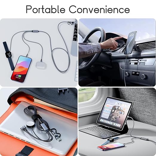 3-in-1 USB C Travel Charging Cable for Apple Watch, iPhone, Lightning Devices, Multi Device Charger Cord for Office, Camping
