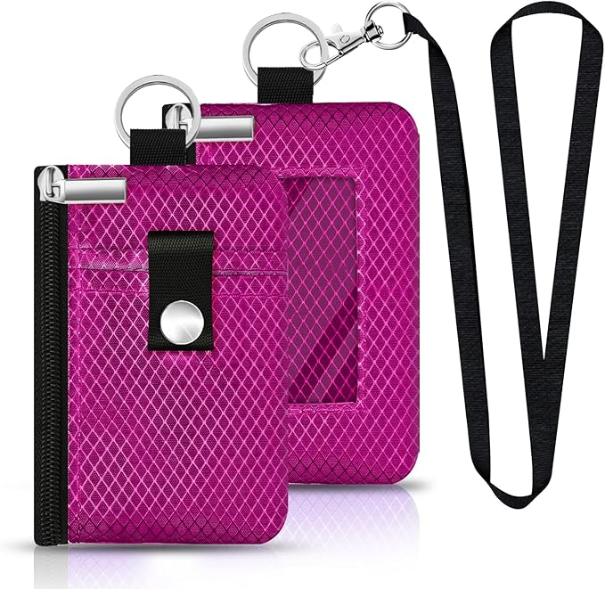 Minimalist RFID Blocking Small Wallet with ID Window,WaterResistant Zip Id Case Wallet with Lanyard Keychain for Cards,Cash,Travel,Women,Men (Purplish Red)