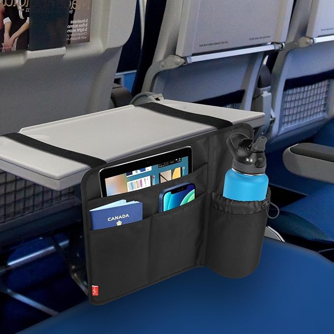 Airplane Seat Back Organizer & Storage, Airplane Tray Table Cover for Personal Items, Airline Seat Hanging Pockets Media Pouch,Reusable Travel Essentials,Fits Tablets,Cell Phone,Water Bottle (Black)