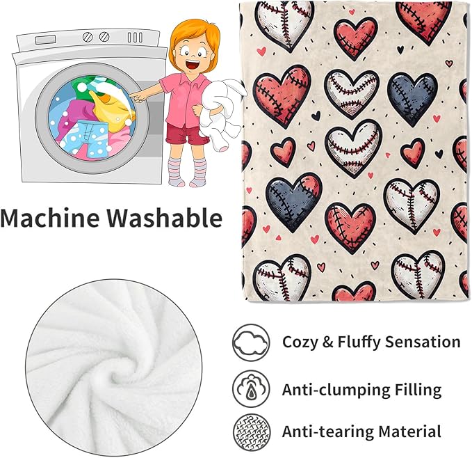 Baseball Hearts Blanket Sport Lovers Throw Blankets Gifts for Kids Adult Lightweight Soft Fleece Cozy for Sofa Couch Bed Room Travel Birthday Party Decor 60x80in