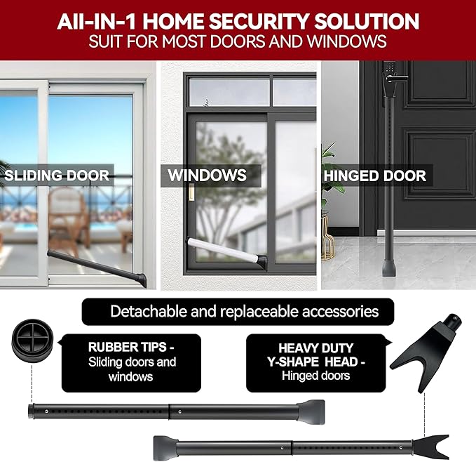 AceMining Upgraded Door Security Bar & Sliding Patio Bar, Heavy Duty Stoppers Adjustable Jammer for Home, Apartment, Travel (1 Pack,Black)