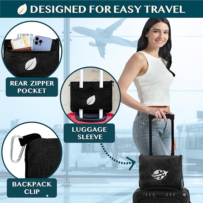 PAVILIA Travel Blanket and Pillow, Arms Opening Airplane Blankets for Adults, Compact Plane Blanket with Arm Hole 2-in-1 Bag for Flight Car Camping Fit in Luggage Backpack Traveler Gift, Black