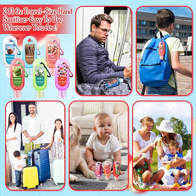 6 Pcs Hand Sanitizer Travel Size with Keychain 2 Fl oz Gel Mixed Scent Mini Pocket Hand Sanitizer Bulk for Backpack Travel Office Friend Coworker Employee Nurse Week Teacher Appreciation Gifts