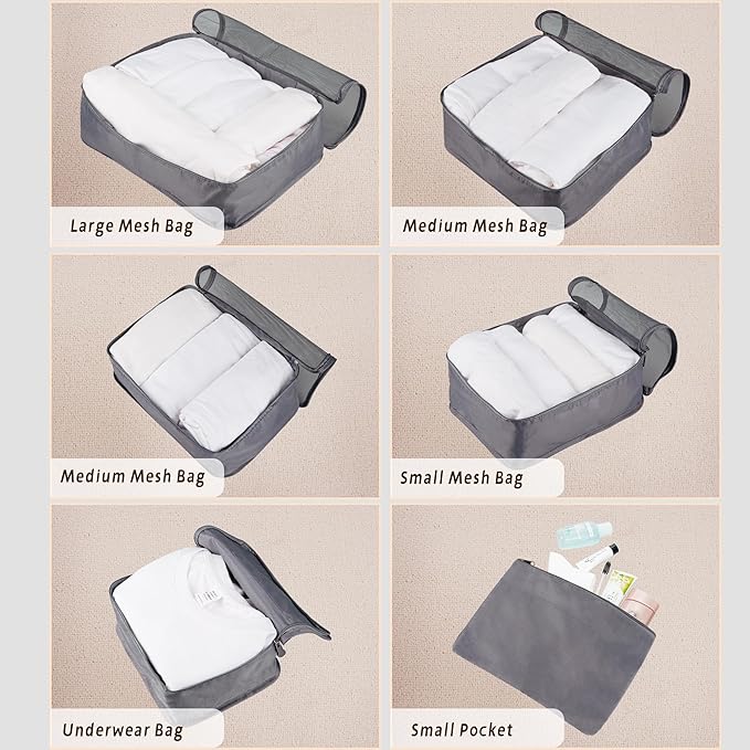 Vercord 7 Set Travel Packing Organizers Cubes Luggage Suitcase Organizer Bags Clothes Underwear Cube Shoe Pouch Pack Grey