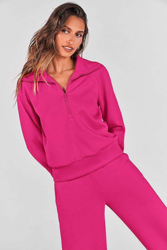 PRETTYGARDEN Women's 2 Piece Outfits Casual Lapel Half Zip Sweatshirts and Wide Leg Pants Tracksuit Sets
