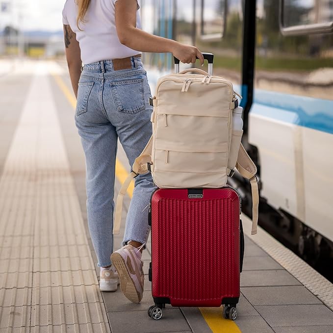Carrywell (Not Made In China) Travel Backpack Airline Approved, Carry-On Underseat, Holds 15.6 or 16 Inch Laptop, Personal Item Bag with Shoe Compartment For Men Women, Beige 30l
