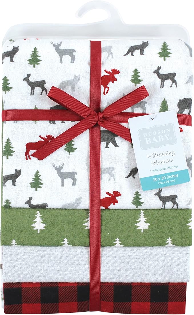 Hudson Baby Unisex Baby Cotton Flannel Receiving Blankets, Woodland Christmas, One Size