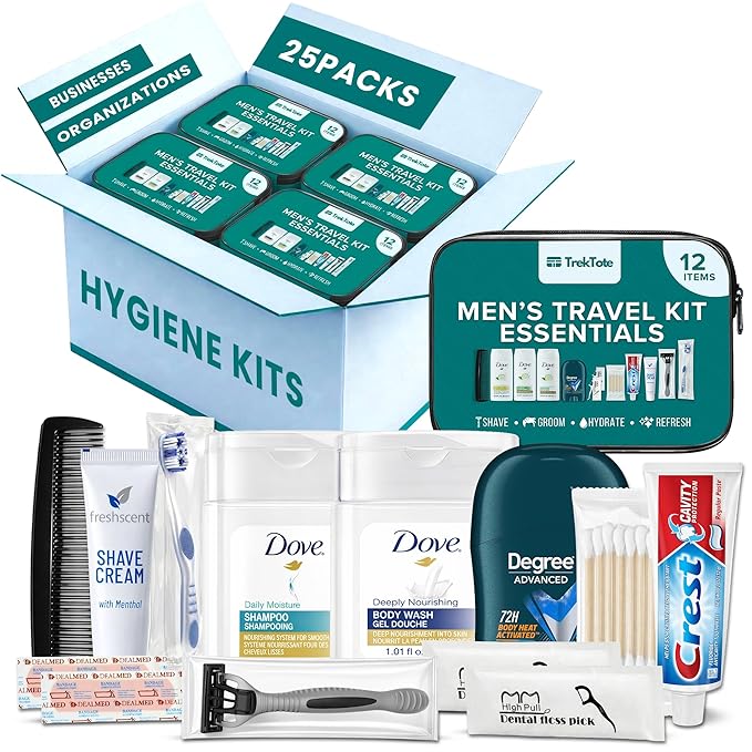 TrekTote Bulk Men’s Travel Hygiene Kits Case Pack of 12 Piece Kits TSA Approved Travel Size Toiletry Kits with Toothbrush Toothpaste Deodorant Razor for Shelters Outreach Emergency Use