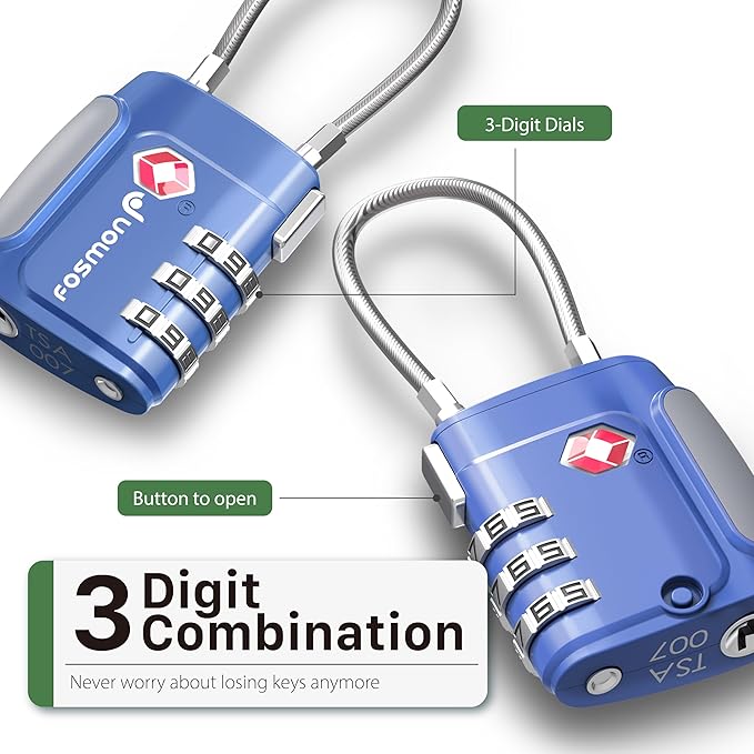Fosmon TSA Approved Cable Locks for Luggage, Suitcase Locks with Push Release Button, 3 Digit Long Shackle Combo Wire Locks for Backpack, Gym Locker