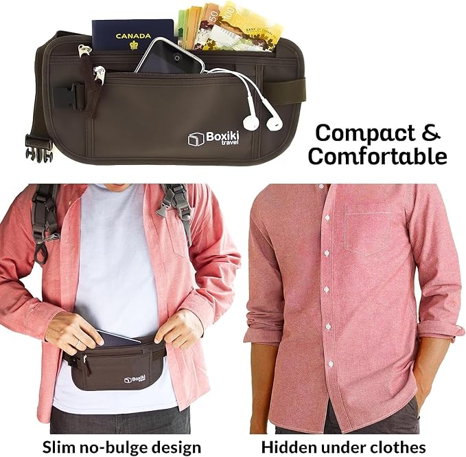 Boxiki Travel Brown Money Belt with RFID Sleeves Set - 8 Pcs Navy Blue | Secure Waist Bag and RFID Card Holder for Men and Women