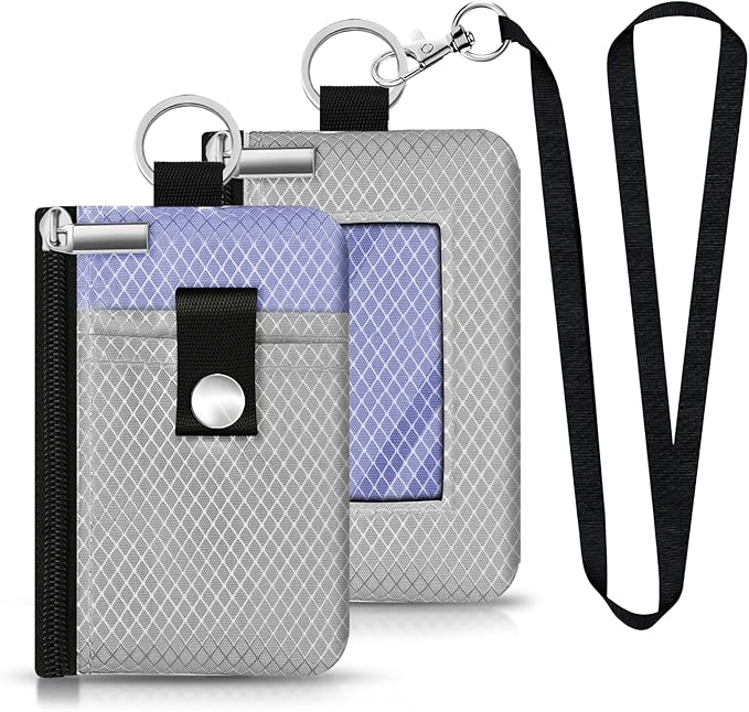 Minimalist RFID Blocking Small Wallet with ID Window,WaterResistant Zip Id Case Wallet with Lanyard Keychain for Cards,Cash,Travel,Women,Men (Light Gray/Lavender Purple)
