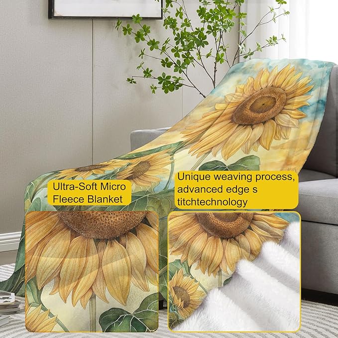 Sunflower Watercolor Painting Blanket, Yellow Sunflowers Flannel Throw Blankets,Soft Warm Lightweight Cozy Plush Throws for Bedroom Sofa Office Home Decor Gifts for Women Girls 50"x40"