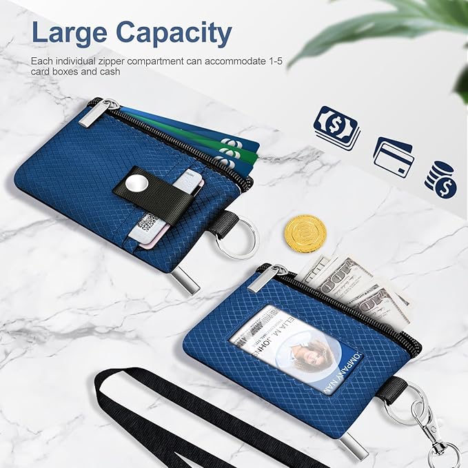 Minimalist RFID Blocking Small Wallet with ID Window,WaterResistant Zip Id Case Wallet with Lanyard Keychain for Cards,Cash,Travel,Women,Men (Electric Blue)