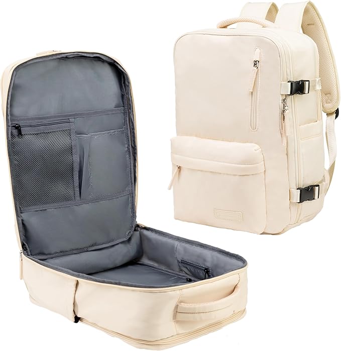 (Not Made In China) Travel Backpack For Men and Women, Airline Approved Carry On Bag w/Shoe Compartment, Holds 15.6" Laptop Computer, USB Charging Port (Amerigo, Beige,1 Pack)