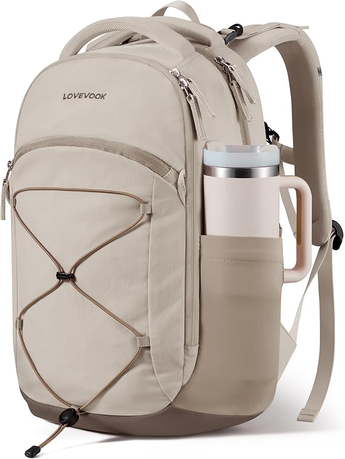 LOVEVOOK Everyday Laptop Backpack for Women Men With Tumbler Holder,15.6inch Classic Travel Work College Teacher Carryon Backpack Purse,Waterproof Computer laptop Bag Hiking Backpack,Light khaki-Brown