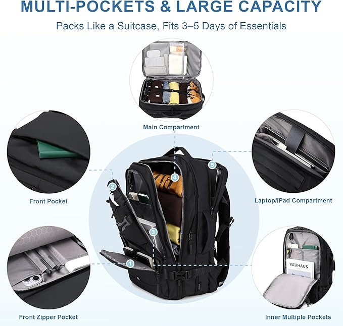 BAGOK Carry On Travel Backpack, 35L-40L Expandable Extra Large Airline Approved,Lightweight Daypack for Men and Women（Black）