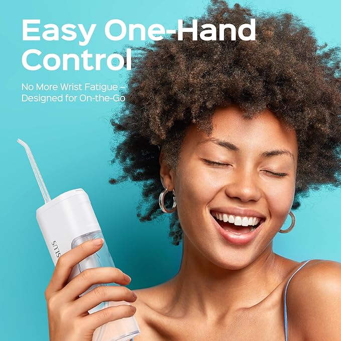 COSLUS T40 Mini Water Flosser for Travel: Portable Compact Design, Cordless Oral Irrigator with 4 Jet Tips Storable, IPX7 Waterproof for Braces, Orthodontic, Sensitive Gums Outing & Home, White